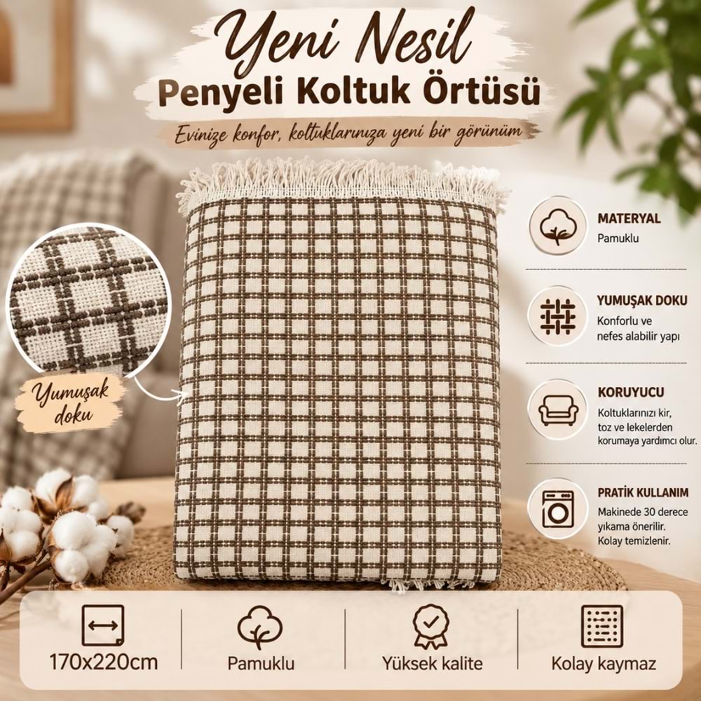 Yeni Nesil Penyeli Buldan Pamuklu Kaymaz Koltuk Örtüsü (170x220)