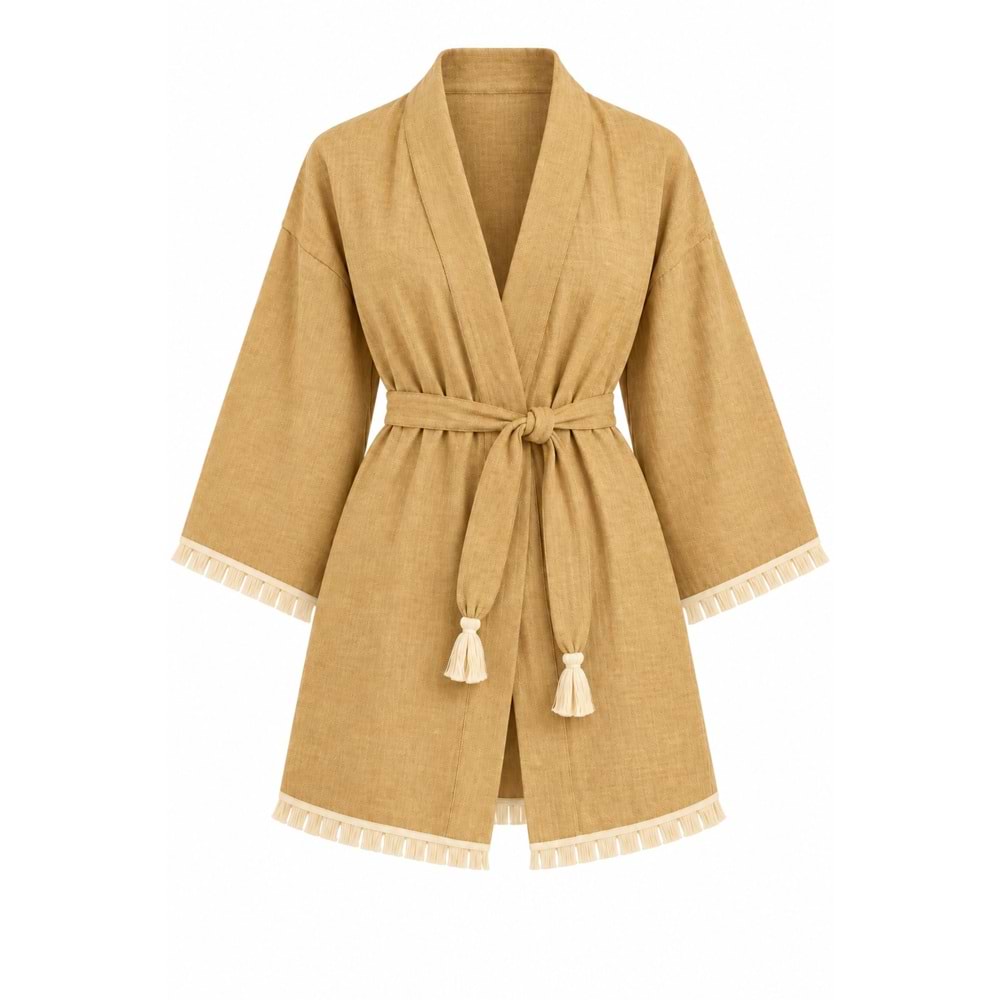 Kimono Müslin 2 Katlı Peştemal Bornoz (Beden S-M) - Sarı