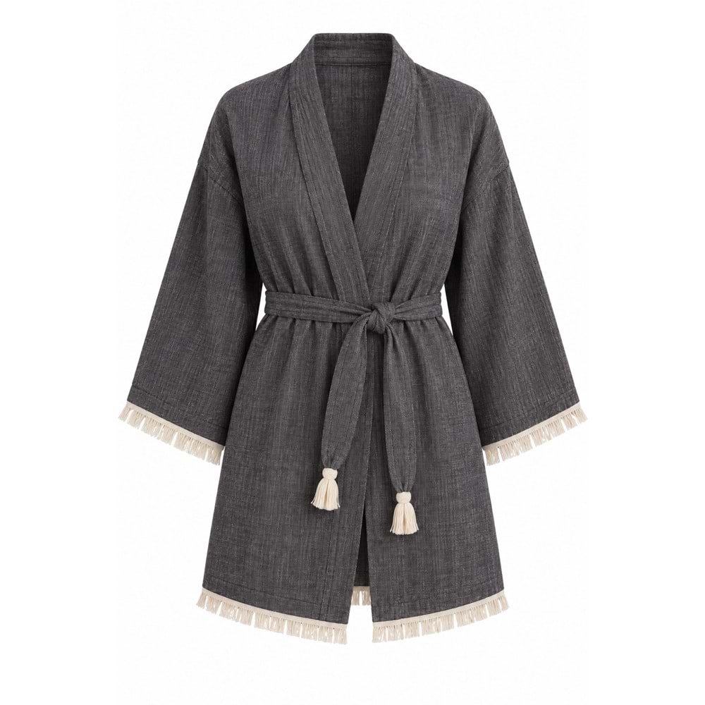 Kimono Müslin 2 Katlı Peştemal Bornoz (Beden S-M) - Siyah