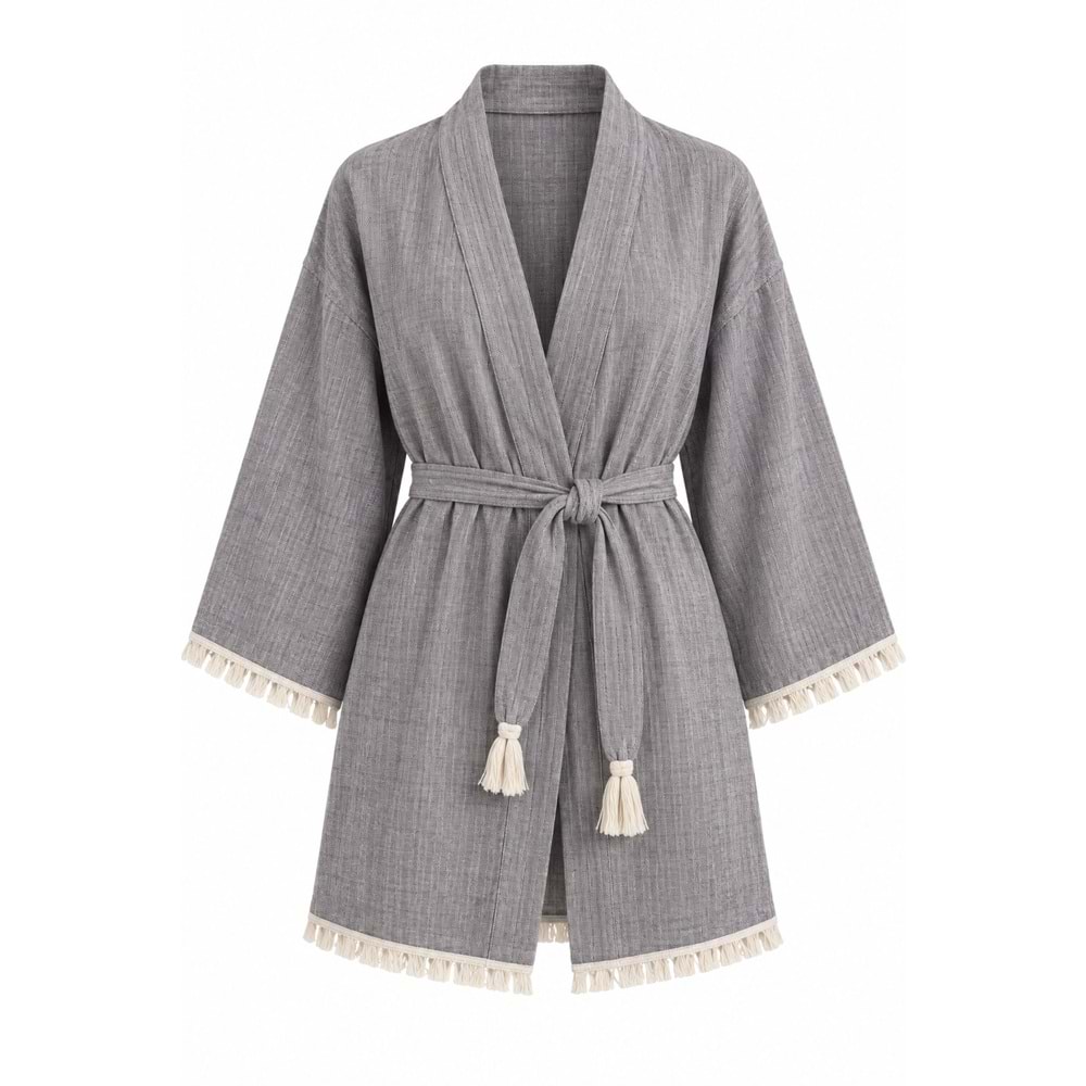 Kimono Müslin 2 Katlı Peştemal Bornoz (Beden L-XL) - Gri