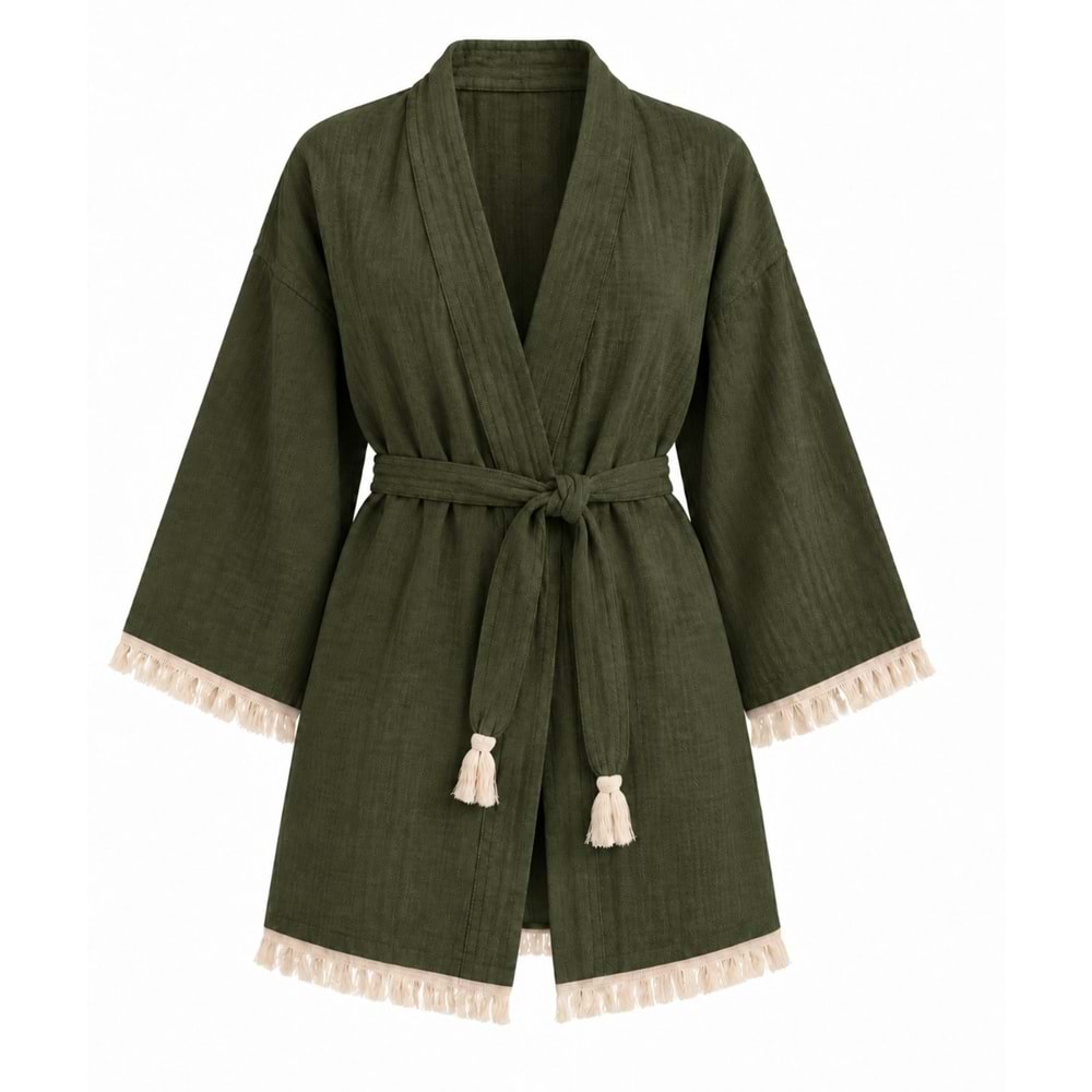 Kimono Müslin 2 Katlı Peştemal Bornoz (Beden L-XL) - Haki Yeşili