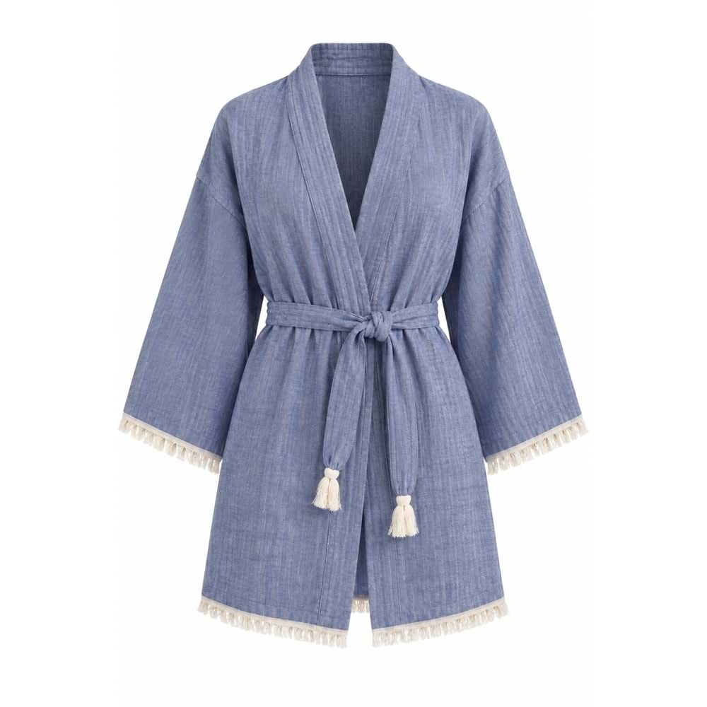 Kimono Müslin 2 Katlı Peştemal Bornoz (Beden L-XL) - İndigo