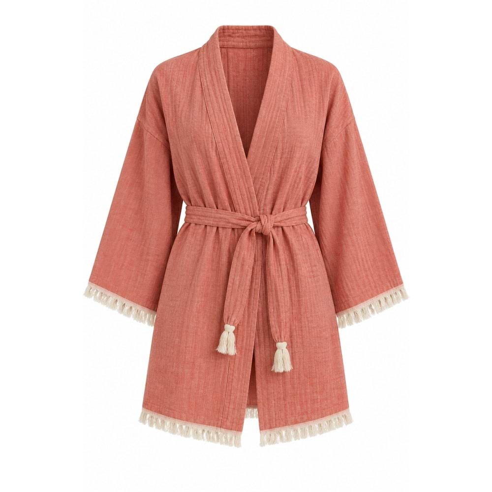 Kimono Müslin 2 Katlı Peştemal Bornoz (Beden L-XL) - Mercan