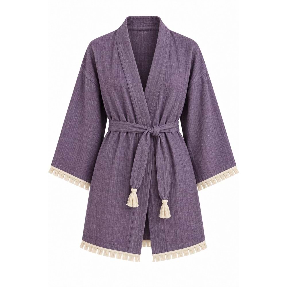 Kimono Müslin 2 Katlı Peştemal Bornoz (Beden L-XL) - Mor