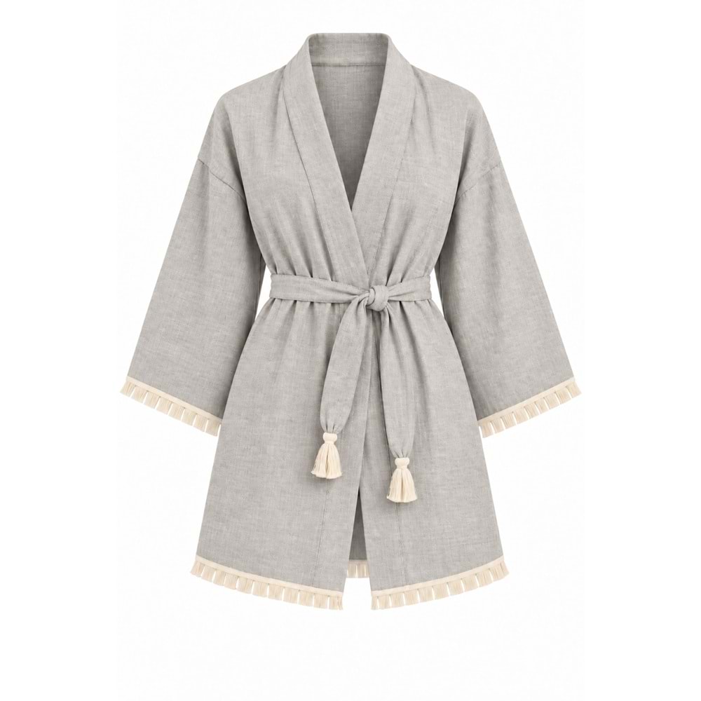 Kimono Müslin 2 Katlı Peştemal Bornoz (Beden L-XL) - Silver (Gri)