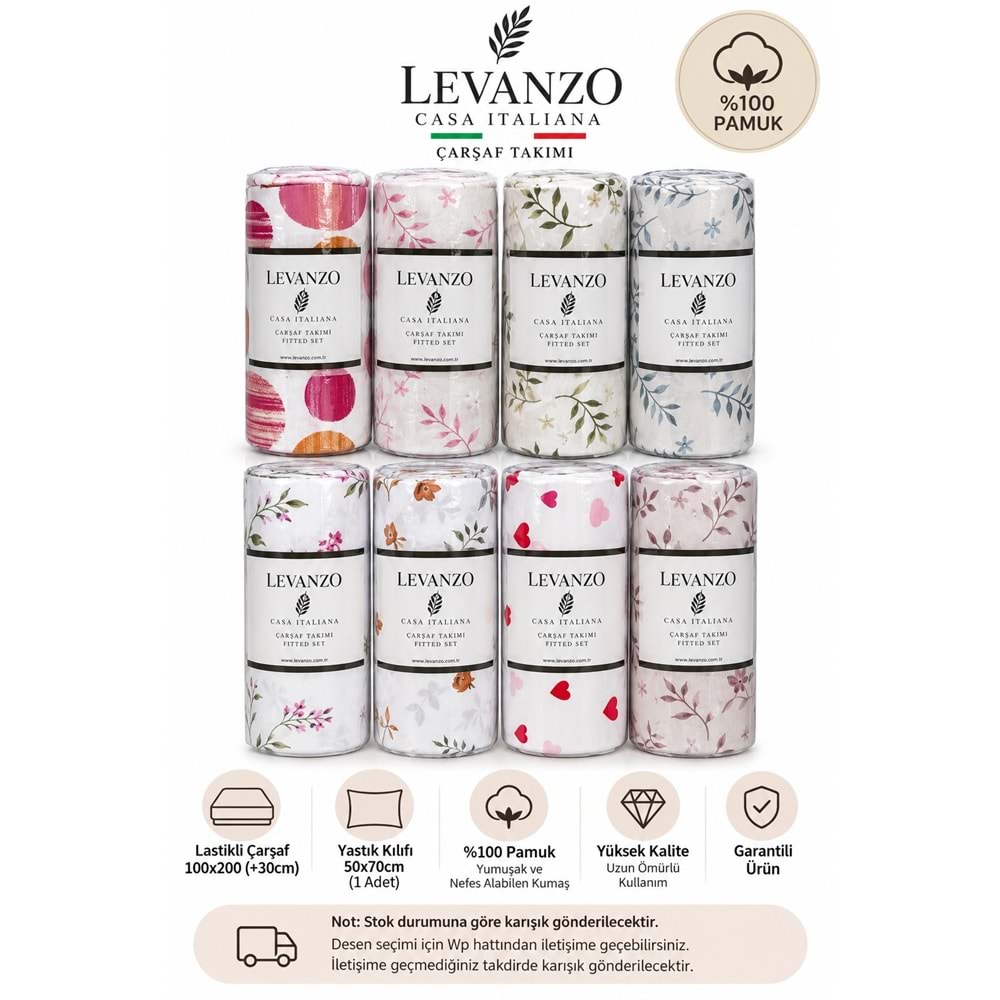 Levanzo Poplin %100 Pamuk Lastikli Çarşaf Seti Tek Kişilik (100x200)-Asorti