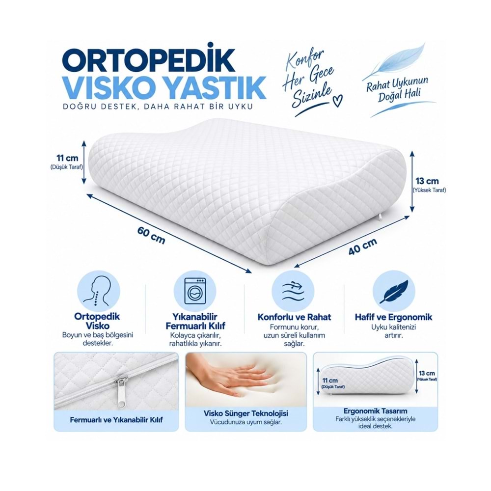 Rehome -2li Set- Visco Boyun Destekli Ortopedik Yastık (60x40x11-13cm)