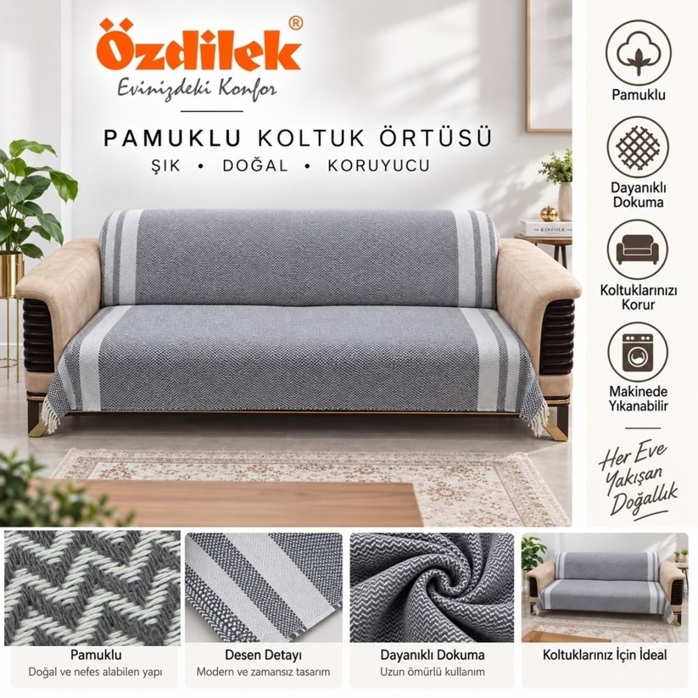 Özdilek Pamuklu Kaymaz Zigzag Koltuk Örtüsü (3+3) - Antrasit
