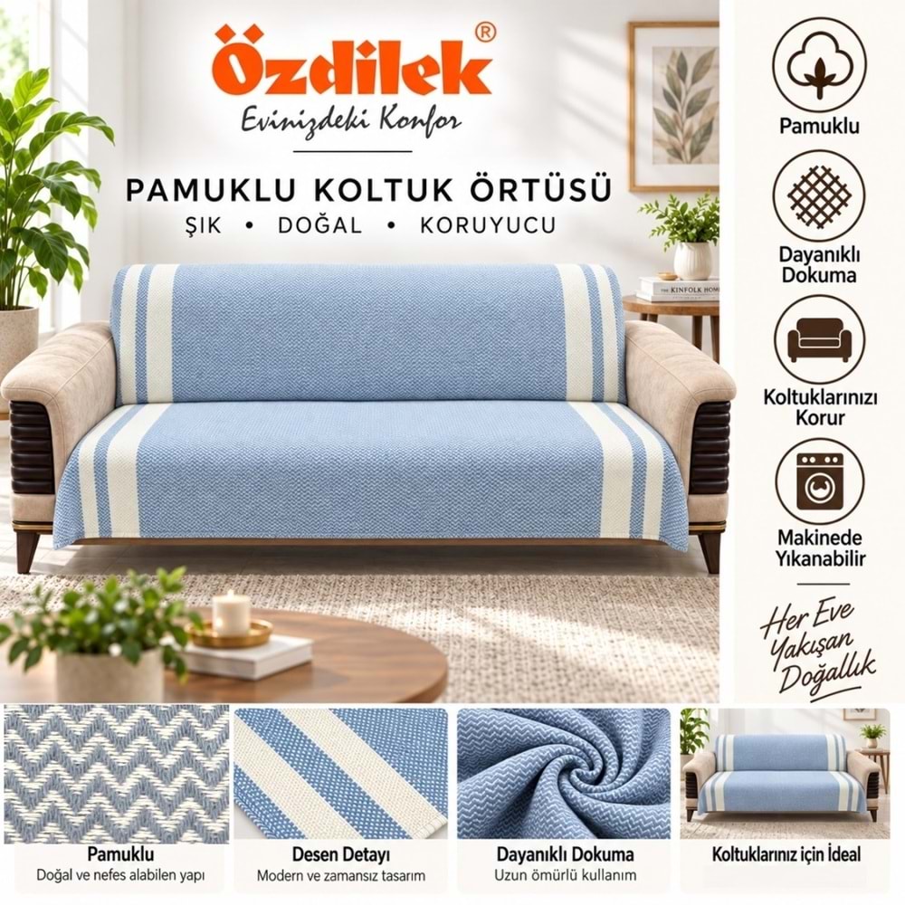 Özdilek Pamuklu Kaymaz Zigzag Koltuk Örtüsü (3+3) - İndigo