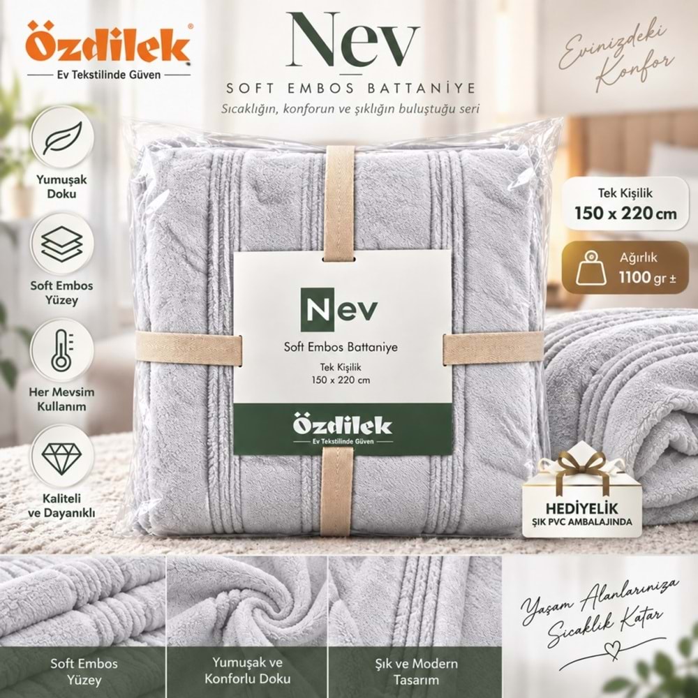 Özdilek Nev Serisi Soft Embos Tek Kişilik Battaniye (150x220) - Gri