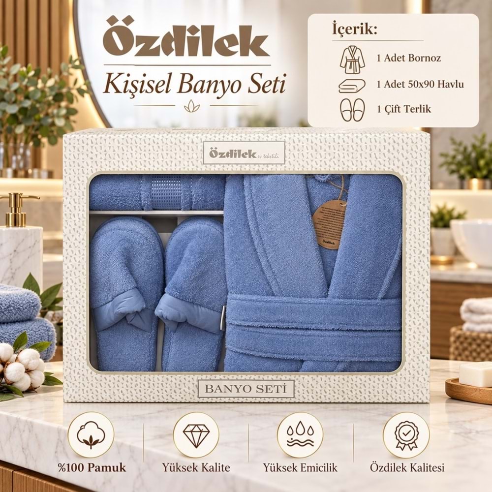 Özdilek Colourist Gök Mavi Kişisel Banyo Bornoz Seti (XL Beden)