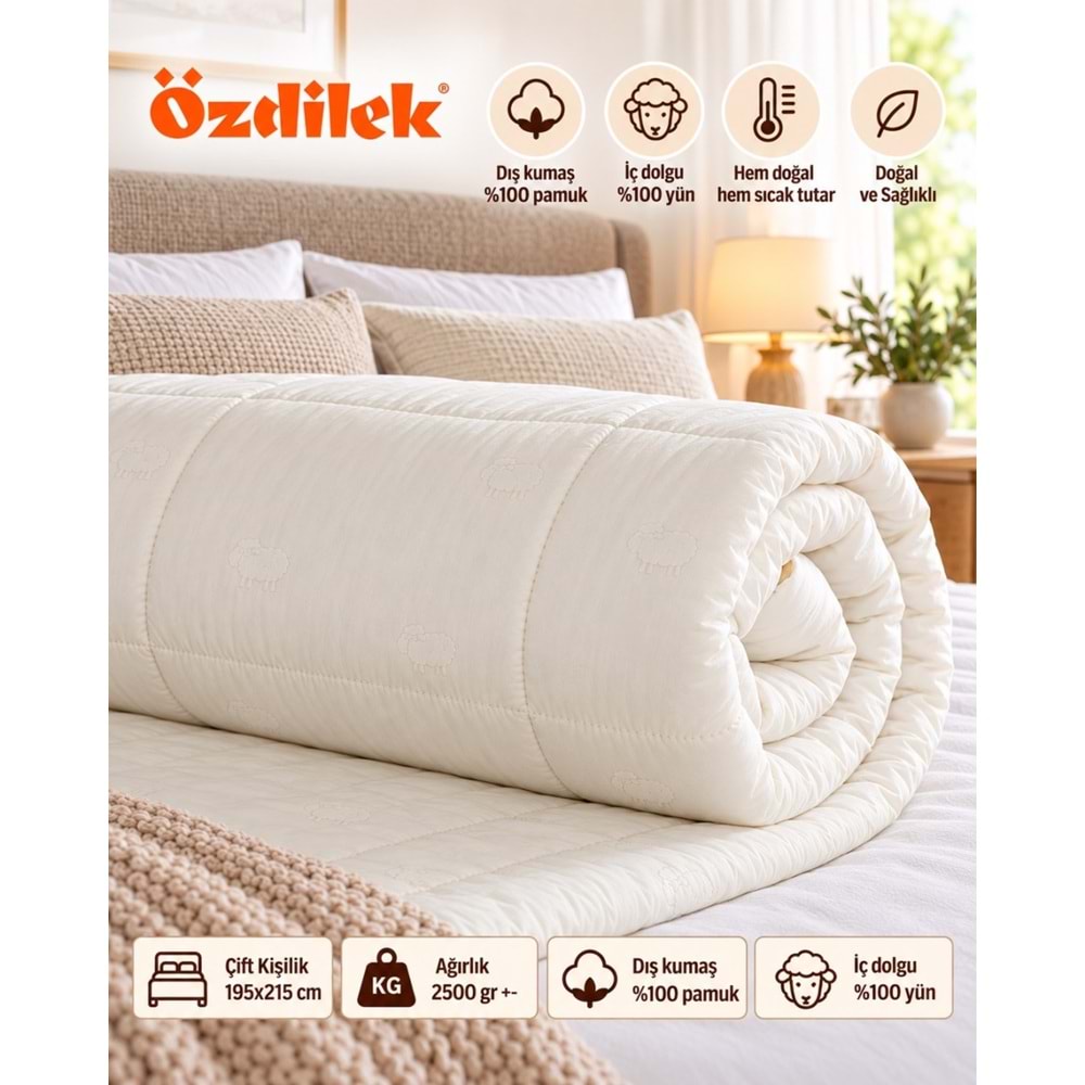 Özdilek (Çift Kişilik Set) Doğal 1 Adet Yün Yorgan + 2 Adet Yün Yastık