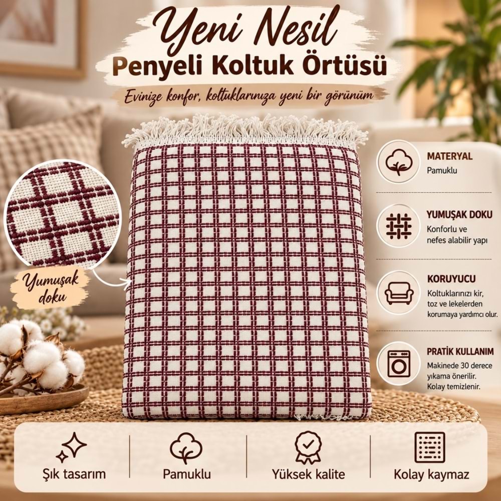 Yeni Nesil Penyeli Pamuklu Maxi Boy Kolları Kapatan Kaymaz Koltuk Örtüsü (170x300) - Kreme Bordo