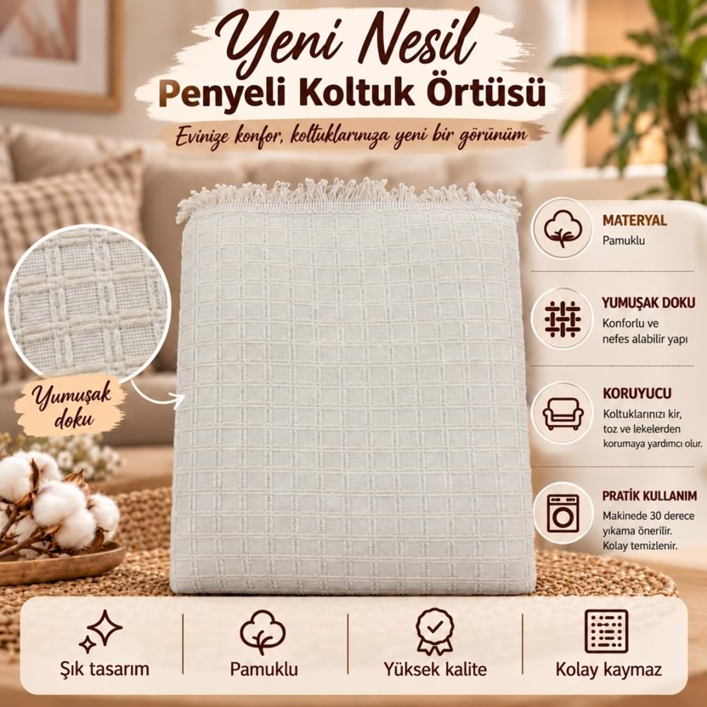 Yeni Nesil Penyeli Pamuklu Maxi Boy Kolları Kapatan Kaymaz Koltuk Örtüsü (170x300)