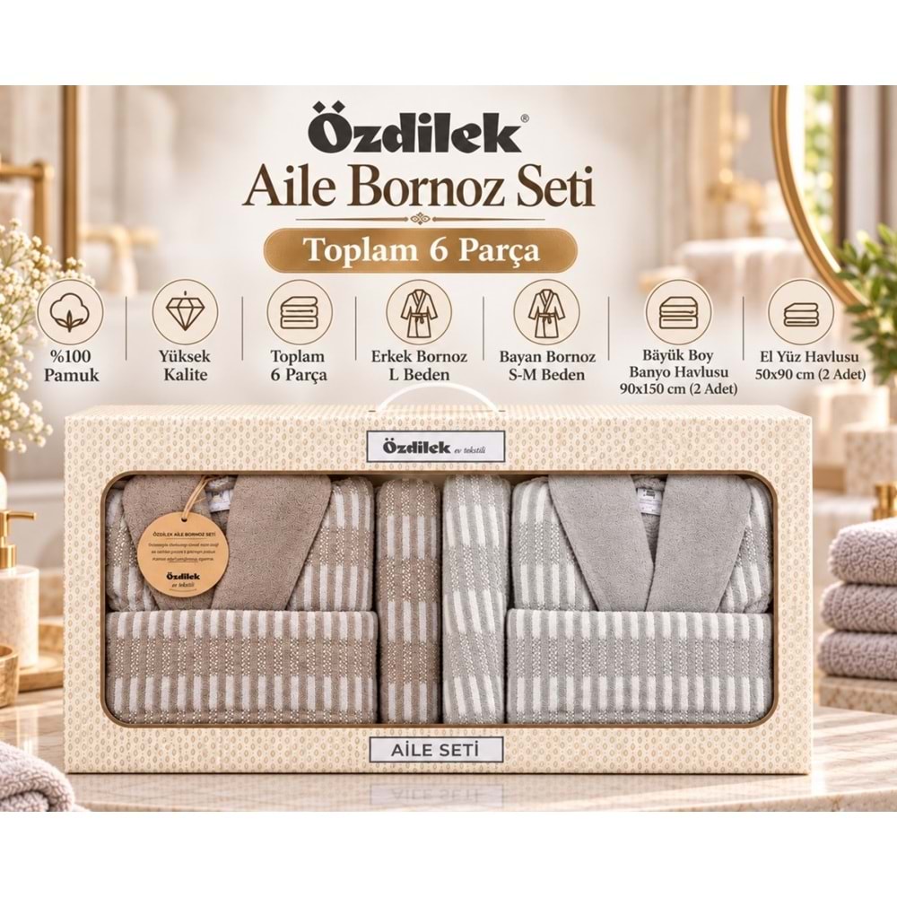 Özdilek -Striscia Kahve Bej- 6 Parça Aile Bornoz Seti (Banyo Havlusu Büyük Boy)