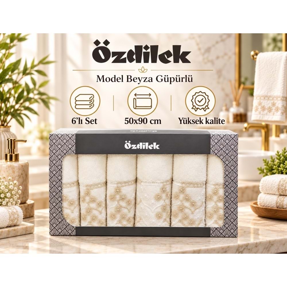 Özdilek Güpürlü -Beyza Krem v1- 6lı Kutulu Havlu Seti (50x90)