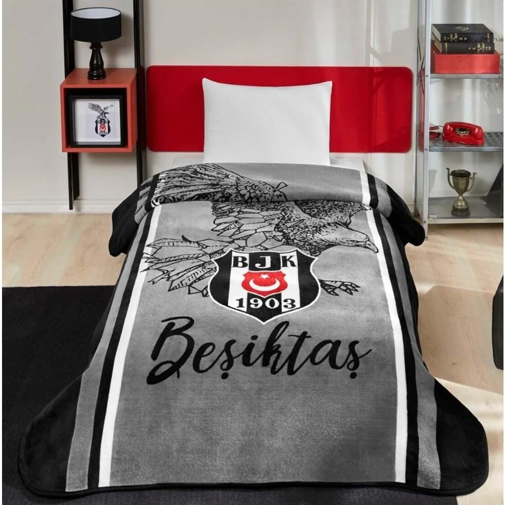 Taç Taraftar Lisanslı Tek Kişilik Battaniye (160x220)-BEŞİKTAŞ KARA KARTAL
