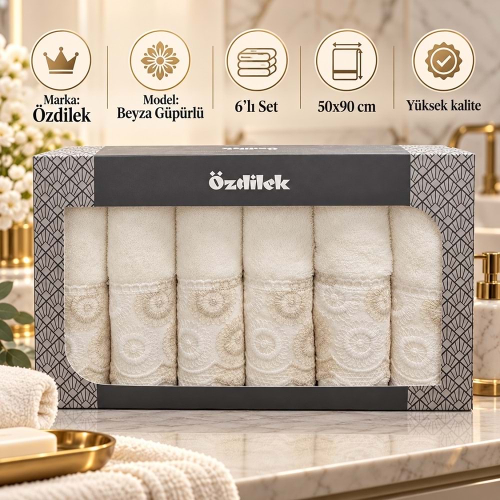Özdilek Güpürlü -Beyza Krem v2- 6lı Kutulu Havlu Seti (50x90)