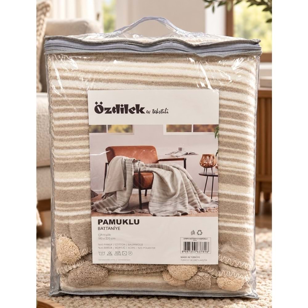 Özdilek Pamuklu Ponponlu Çift Kişilik Battaniye (180x220)-Stripe Bej