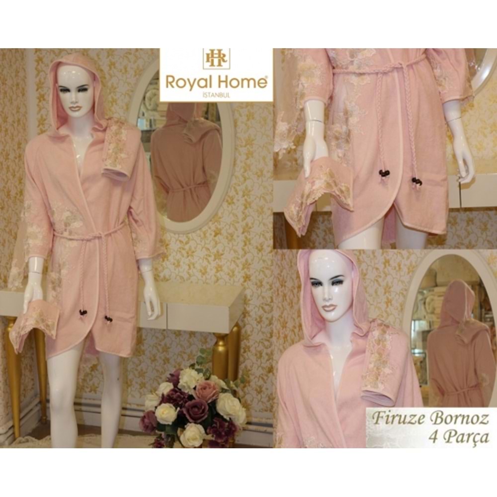 Royal Home 4 Parça Bayan Bornoz Seti-FİRUZE PUDRA