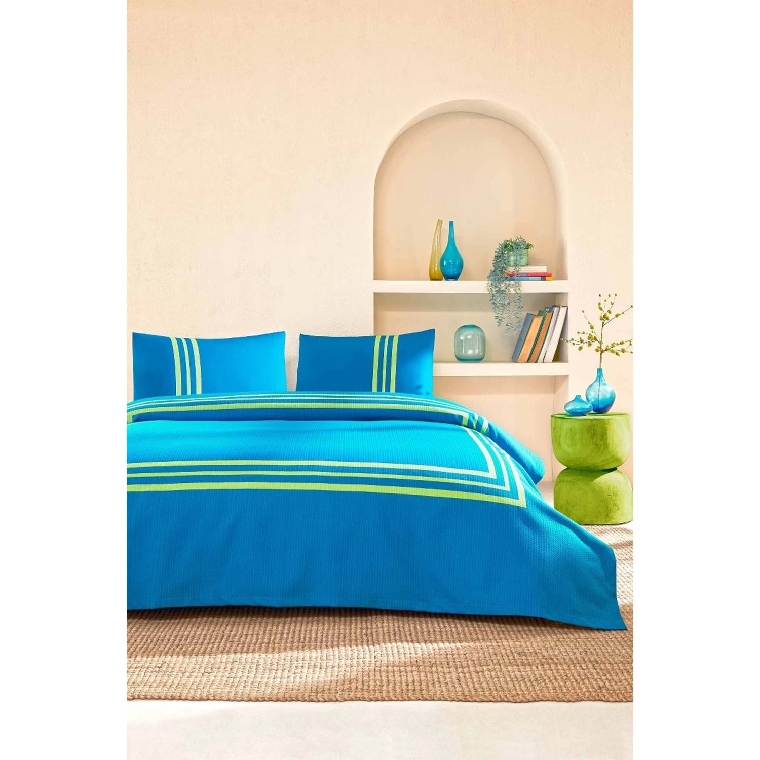 Özdilek Rf -Neon Frame Mavi- Lastikli Çarşaflı Çift Kişilik Pike