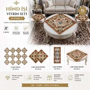Hind işi vitrin seti el yapımı astarlı ağır pul ve boncuk işleme 16 parça Eftalya 2