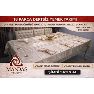 Mandaş Dertsiz kumaş 10 kişilik parlak yüzüklü yemek seti krem