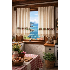 Mandaş Buldan Otantik Naturel Nakışlı Buldan Perde Rustikli 2 Parça 120*140