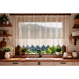 Buldan Tül Perde El İşi Dantelli Naturel Makrome Palmiye Desen(250x150)
