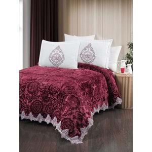 The Home Collection Larissa Fransız Güpürlü Battaniye Yatak Ört Seti-Bordo