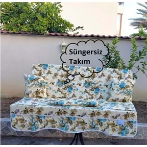 Süngersiz 3 Kişilik Salıncak Minder Seti (Pamuklu Kumaş)-İngiliz Gülü Mavi