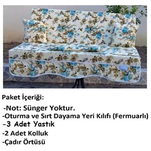 Süngersiz 3 Kişilik Salıncak Minder Seti (Pamuklu Kumaş)-İngiliz Gülü Mavi