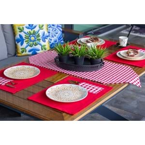 Tropik home Amerikan Servis Moena Dinner Runner Seti 6 Kişilik Set Kırmızı Ekose Desen Salon ve Masa Sunum Takımı