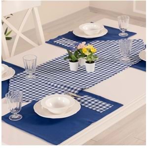 Tropik home Amerikan Servis Moena Dinner Runner Seti 6 Kişilik Set Mavi Ekose Desen Salon ve Masa Sunum Takımı