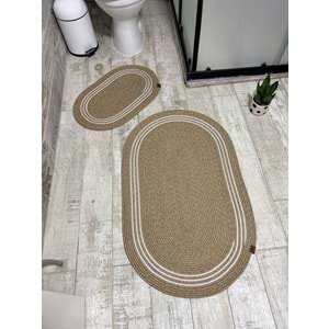 Jüt Hasır 2li Banyo Seti Paspas Takımı-Bej Ortası Aralıklı Beyaz
