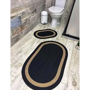 Jüt Hasır 2li Banyo Seti Paspas Takımı-Siyah Ortası Bej
