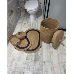 Jüt Hasır 5li Banyo Seti, Çamaşır Sepeti, Paspas Takımı, Oval Sepet-Siyah Çizgili
