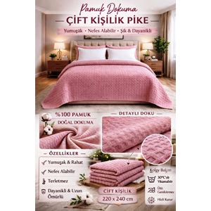 2 Adet Şaheser %100 Pamuk Çift Kişilik Pike 240x220 (Tek Pike)-Pudra