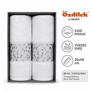 Özdilek Daniela Beyaz 2li Havlu Kutulu Nakışlı-Gümüş Simli