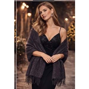 Mandaş Style El Dokuma Angora Bayan Şalı -Füme