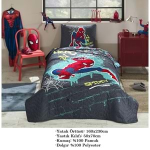 Özdilek Lisanslı Kapitoneli %100 Pamuk Tek Kişilik Çocuk Yatak Örtüsü (160x230)-Spiderman Street Gri