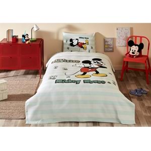 Özdilek Lisanslı Lastikli Çarşaflı Tek Kişilik Çocuk Pike Takımı-Mickey Positive Mint