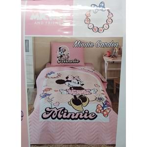 Özdilek Lisanslı Kapitoneli %100 Pamuk Tek Kişilik Çocuk Yatak Örtüsü (160x230)-Minnie Garden Pembe