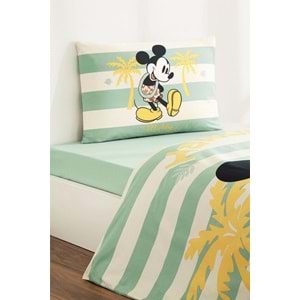 Özdilek Lisanslı Lastikli Çarşaflı Tek Kişilik Çocuk Nevresim Takımı-Mickey Mouse Hawaii Mint