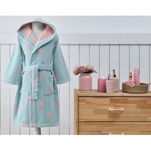 Özdilek 5/6 Yaş -Flamingo Mint- Kız Çocuk Kapüşonlu Kadife Pamuk Bornoz