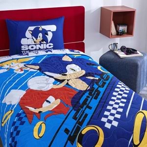 Taç Lisanslı Sonic Mavi Pamuklu Çocuk Yatak Örtüsü Seti (160x230)