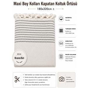 Pamuklu Kaymaz Hasır Dokuma Maxi Boy Kolları Örten Koltuk Örtüsü (180x310) - Kreme Gri
