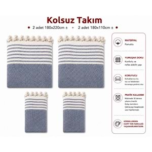 Pamuklu Kaymaz Hasır Dokuma Kolsuz Takım Koltuk Örtüsü (3+3+1+1) - İndigo