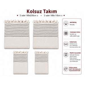 Pamuklu Kaymaz Hasır Dokuma Kolsuz Takım Koltuk Örtüsü (3+3+1+1) - Kreme Gri