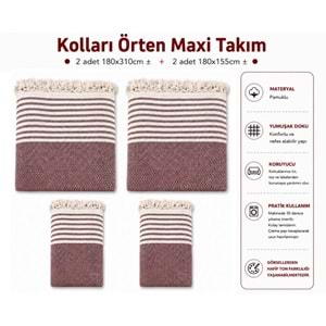 Pamuklu Kaymaz Hasır Dokuma Kolları Örten Maxi Takım Koltuk Örtüsü (3+3+1+1) - Bordo